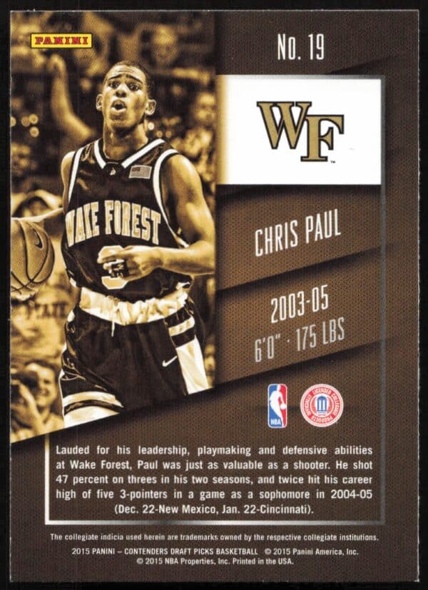 2015 Panini Contenders Draft Picks Chris Paul #19 (Back)