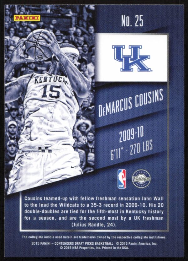 2015 Panini Contenders Draft Picks DeMarcus Cousins #25 (Back)