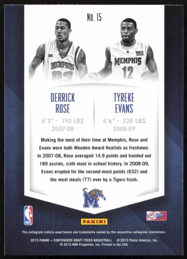 2015 Panini Contenders Draft Picks Derrick Rose / Tyreke Evans Collegiate Connections #15 (Back)