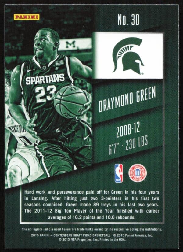 2015 Panini Contenders Draft Picks Draymond Green #30 (Back)