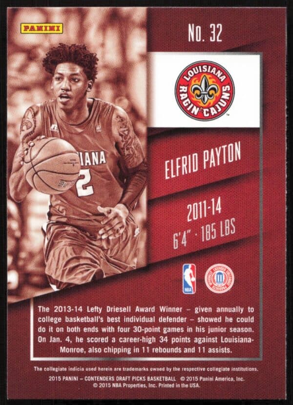 2015 Panini Contenders Draft Picks Elfrid Payon #32 (Back)