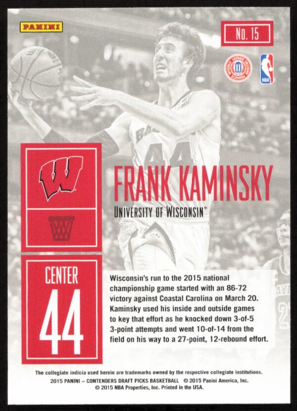 Frank Kaminskys 2015 Panini basketball card highlighting his performance at the University of Wisconsin.