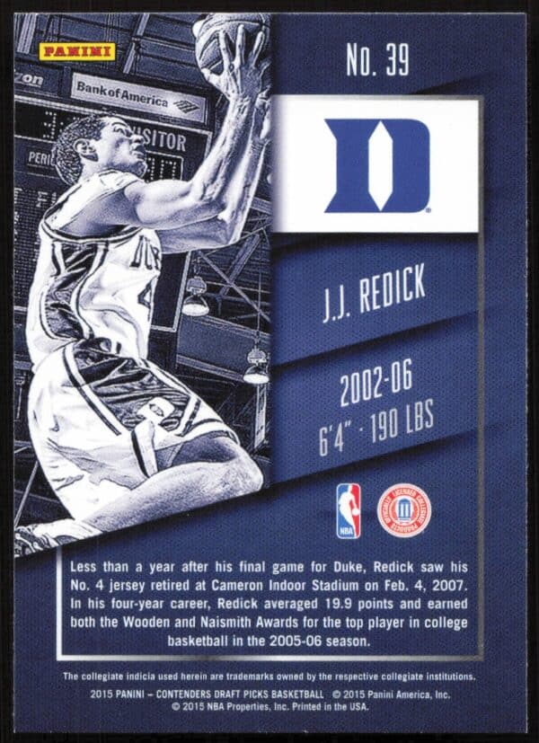 2015 Panini Contenders Draft Picks J.J. Redick #39 (Back)