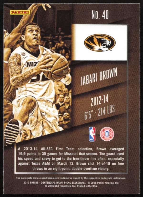 2015 Panini Contenders Draft Picks Jabari Brown #40 (Back)