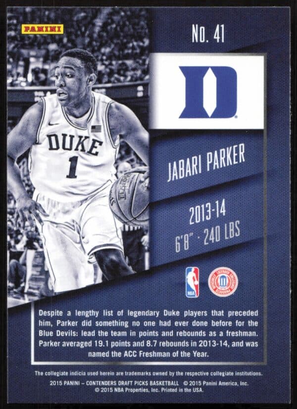 2015 Panini Contenders Draft Picks Jabari Parker #41 (Back)