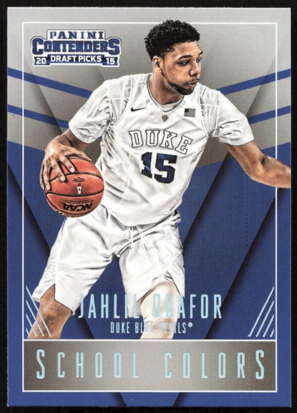 Duke basketball player Jahlil Okafor in 2015 Panini Contenders Draft Picks trading card.