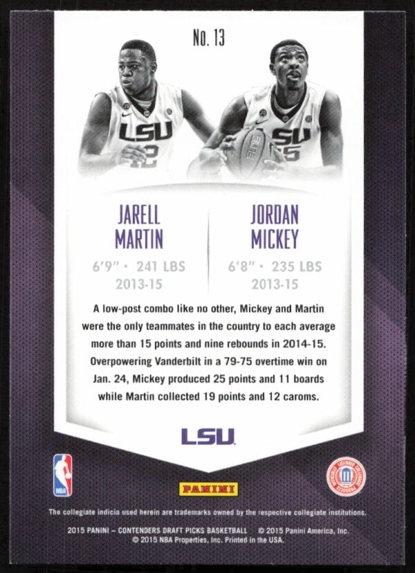 2015 Panini Contenders Draft Picks Jarell Martin / Jordan Mickey Collegiate Connections #13 (Back)