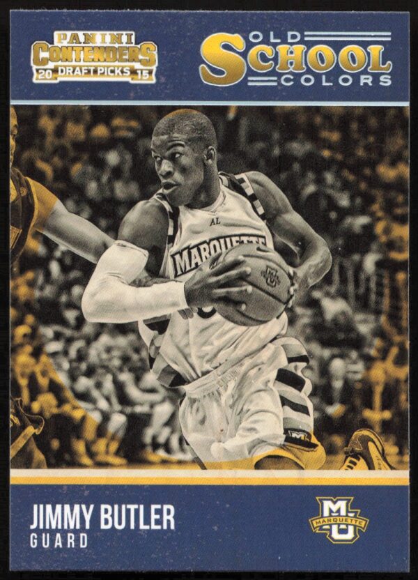 2015 Panini trading card featuring Marquette Universitys Guard, Jimmy Butler in action.