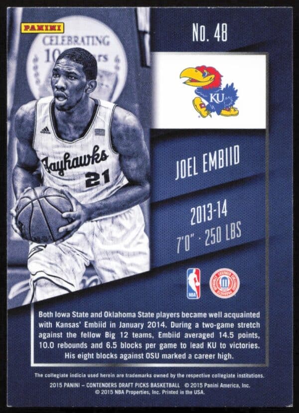 2015 Panini Contenders Draft Picks Joel Embiid #48 (Back)