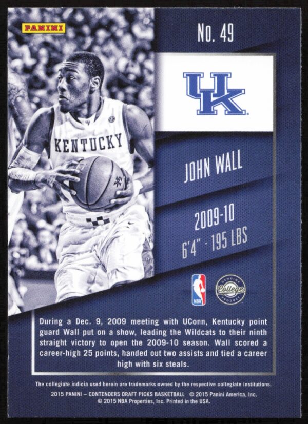 2015 Panini Contenders Draft Picks John Wall #49 (Back)