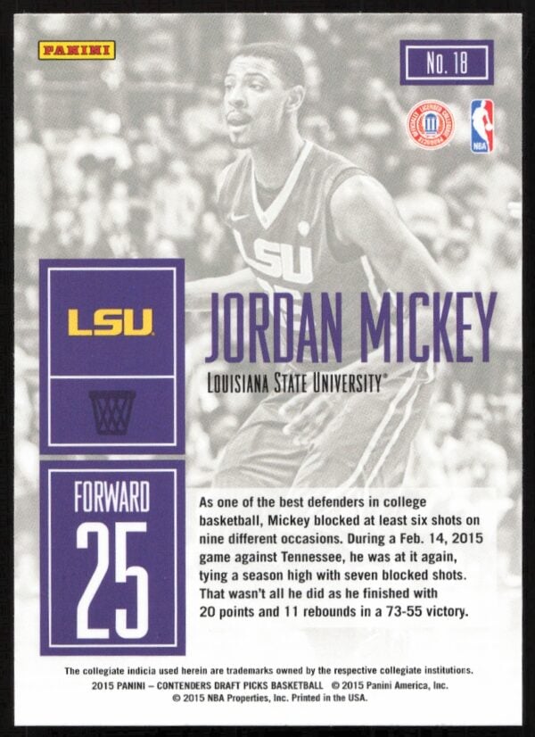 2015 Panini Contenders Draft Picks Jordan Mickey Game Day #18 (Back)