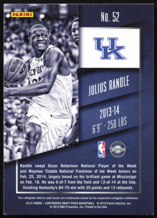 2015 Panini Contenders Draft Picks Julius Randle #52 (Back)