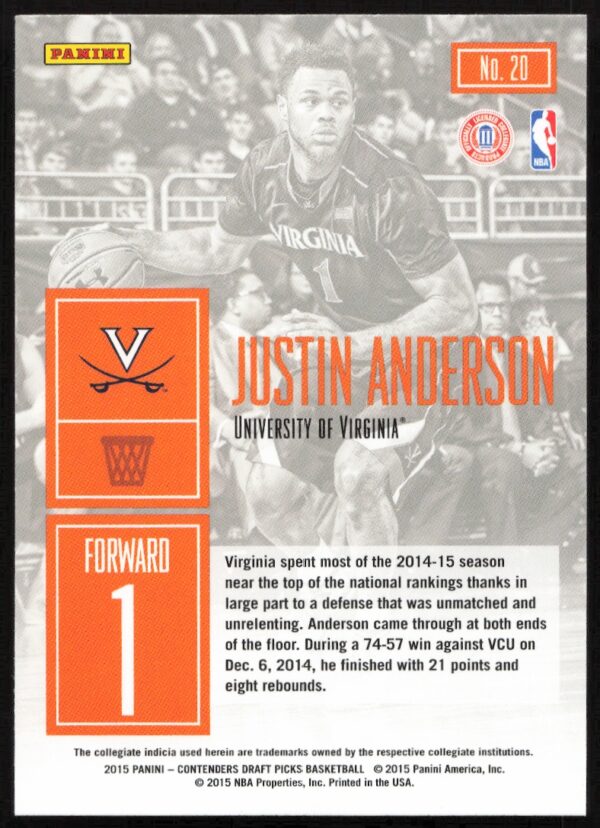 2015 Panini Contenders Draft Picks Justin Anderson Game Day #20 (Back)