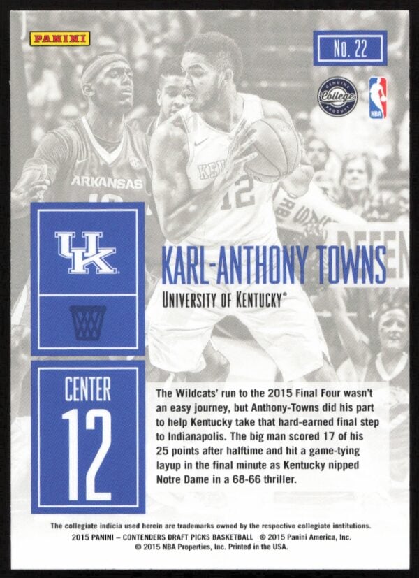 2015 Panini Contenders Draft Picks Karl-Anthony Towns Game Day #22 (Back)