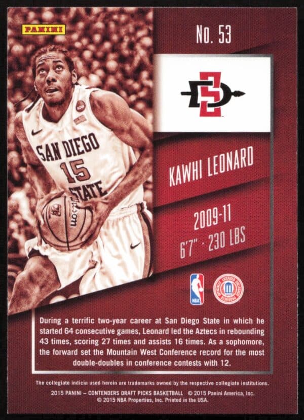 2015 Panini Contenders Draft Picks Kawhi Leonard #53 (Back)