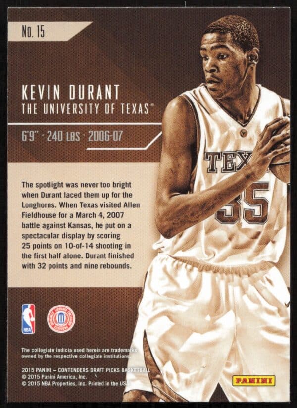 2015 Panini Contenders Draft Picks Kevin Durant Class Reunion #15 (Back)