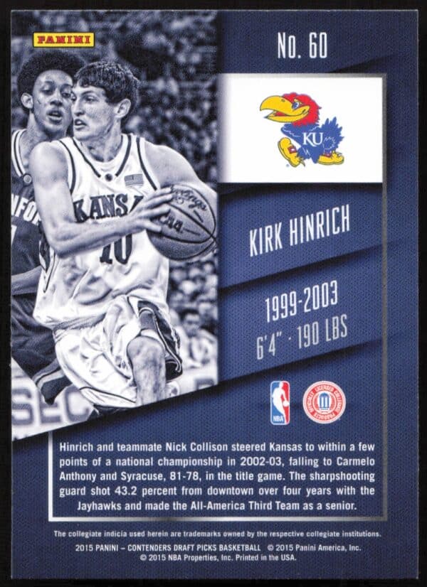 2015 Panini Contenders Draft Picks Kirk Hinrich #60 (Back)