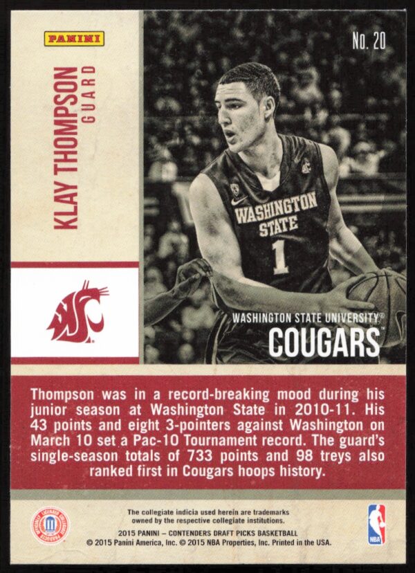 2015 Panini Contenders Draft Picks Klay Thompson Old School Colors #20 (Back)