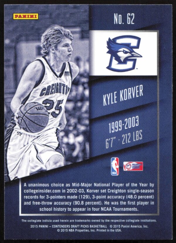 2015 Panini Contenders Draft Picks Kyle Korver #62 (Back)