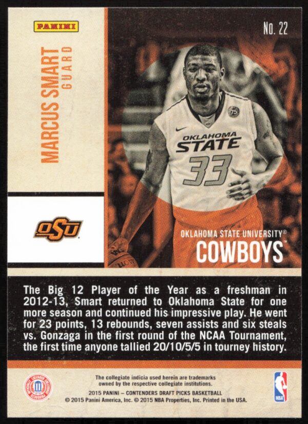 Marcus Smarts 2015 Panini basketball card showcasing his Oklahoma State University gameplay.