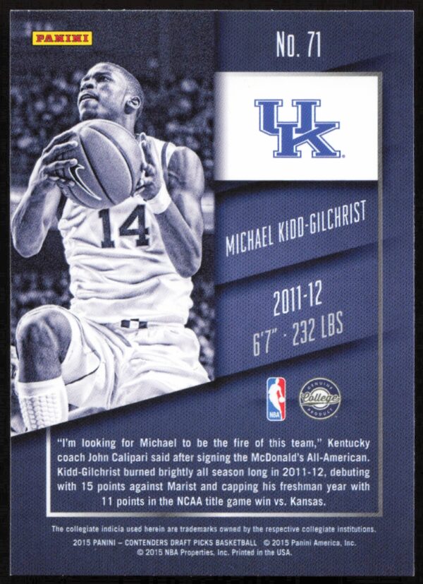 2015 Panini Contenders Draft Picks Michael Kidd-Gilchrist #71 (Back)