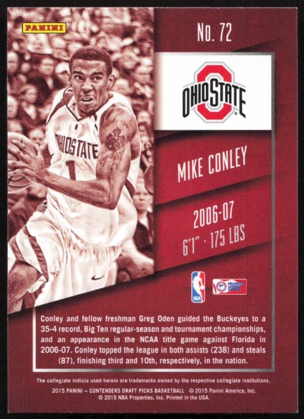 2015 Panini Contenders Draft Picks Mike Conley #72 (Back)