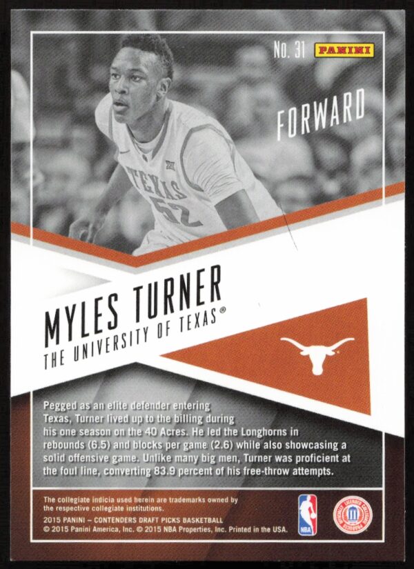 2015 Panini Contenders Draft Picks Myles Turner School Colors #31 (Back)