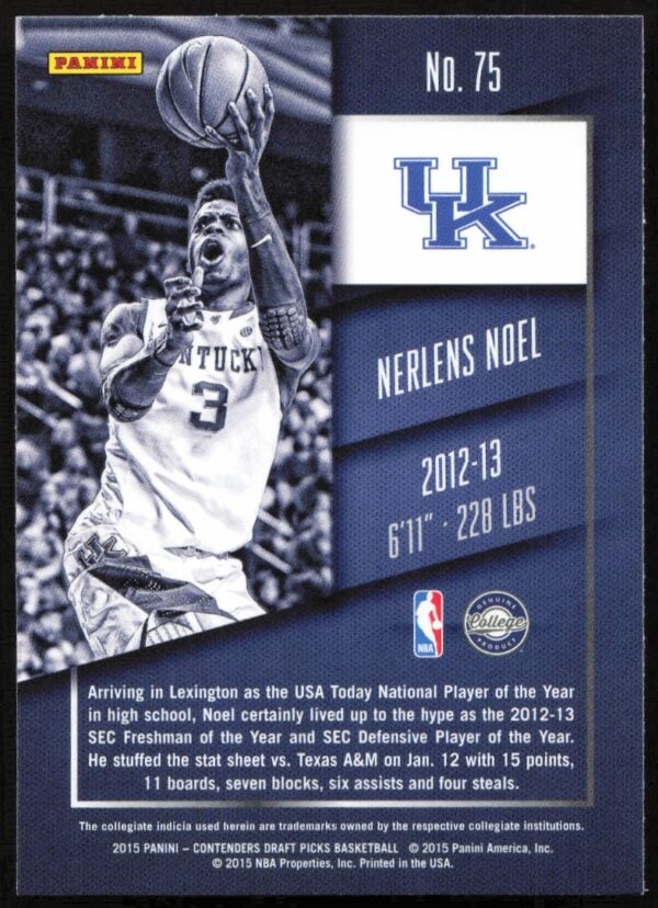 2015 Panini Contenders Draft Picks Nerlens Noel #75 (Back)