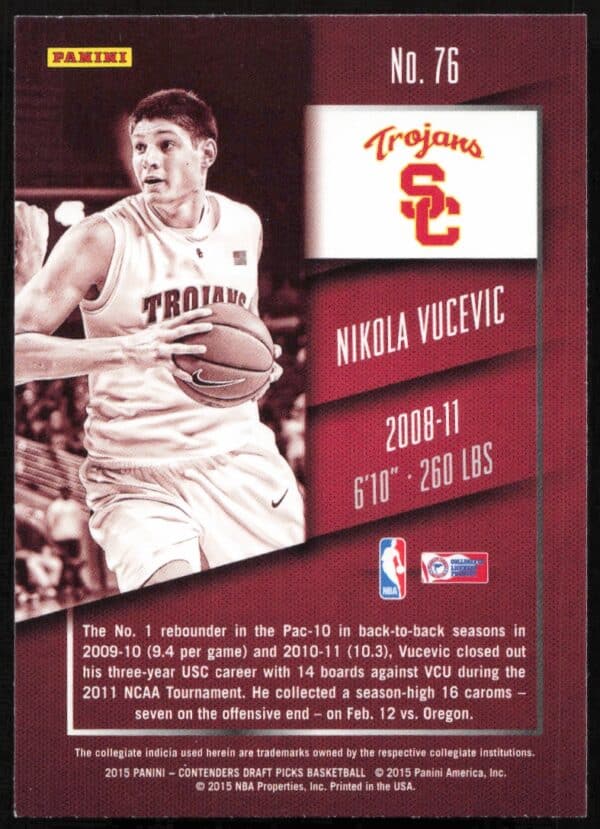 2015 Panini Contenders Draft Picks Nikola Vucevic #76 (Back)