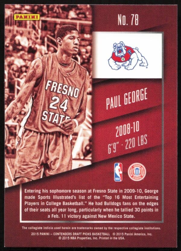 2015 Panini Contenders Draft Picks Paul George #78 (Back)