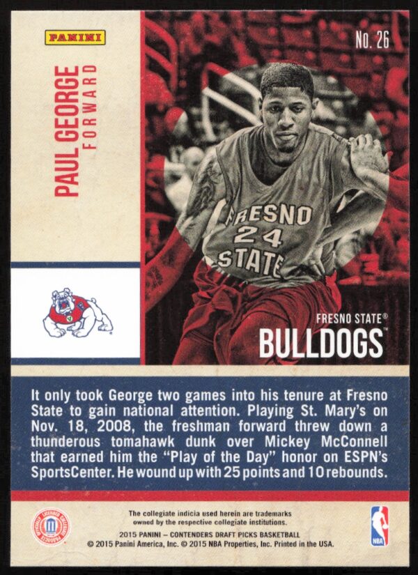 2015 Panini Contenders Draft Picks Paul George Old School Colors #26 (Back)