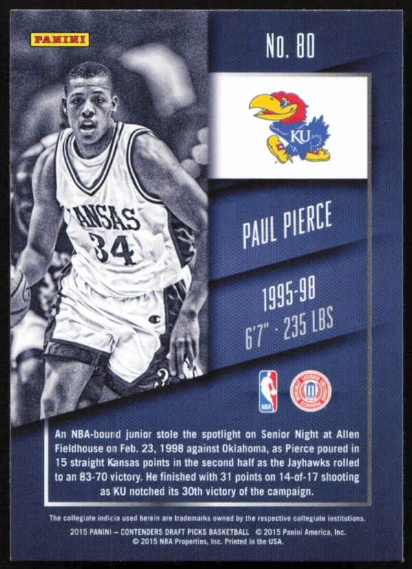 2015 Panini Contenders Draft Picks Paul Pierce #80 (Back)