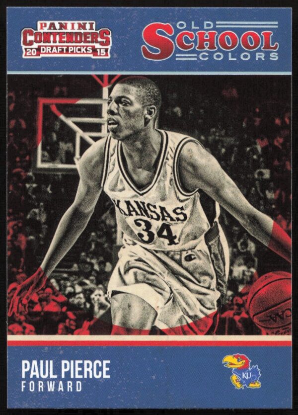 Paul Pierce action shot on vintage Kansas Jayhawks Panini Contenders Draft Picks card.