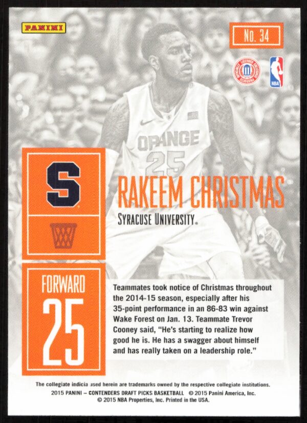 2015 Panini Contenders Draft Picks Rakeem Christmas Game Day #34 (Back)