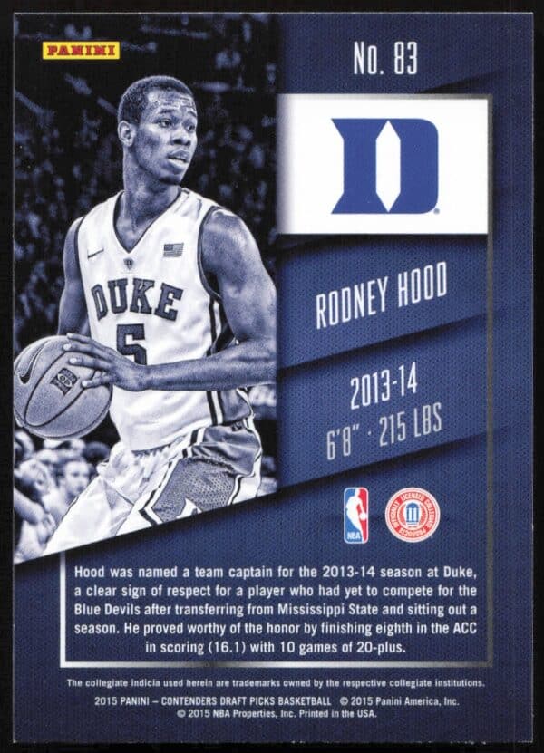 2015 Panini Contenders Draft Picks Rodney Hood #83 (Back)