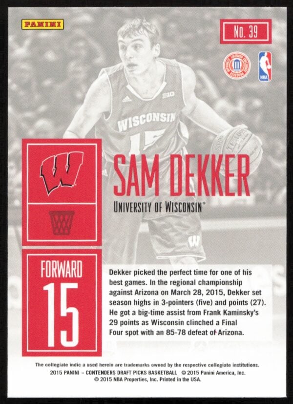 2015 Panini Contenders Draft Picks Sam Dekker Game Day #39 (Back)