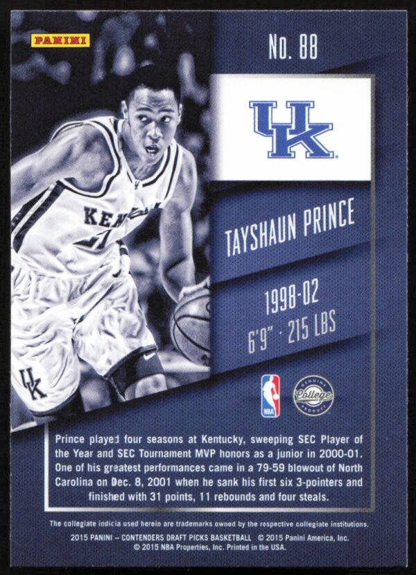 2015 Panini Contenders Draft Picks Tayshaun Prince #88 (Back)