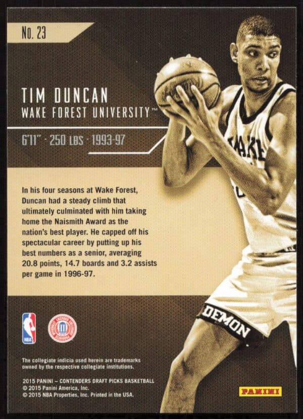 2015 Panini Contenders Draft Picks Tim Duncan Class Reunion #23 (Back)