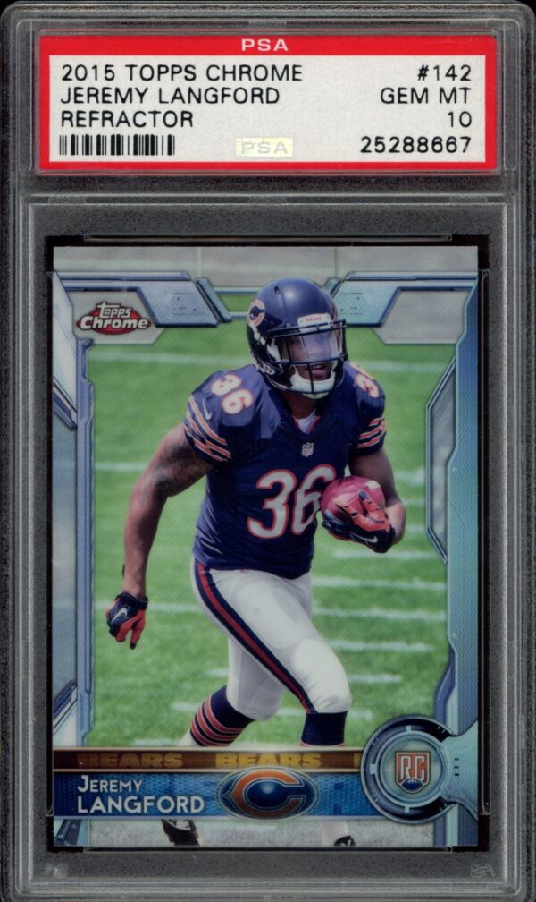 2015 Topps Chrome Jeremy Langford Refractor card, PSA 10 grade, in protective slab.