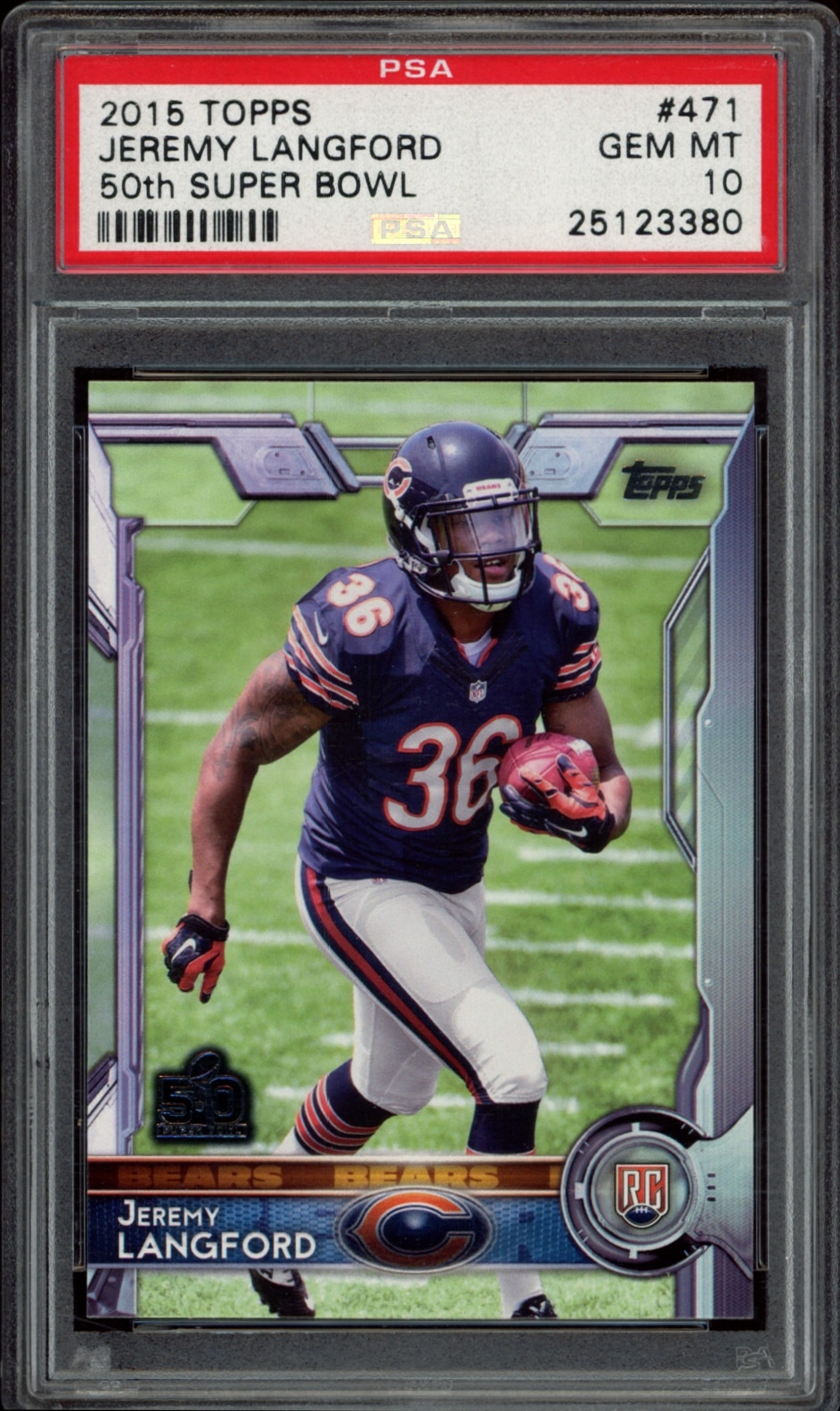 PSA 10 graded 2015 Topps Super Bowl 50 card featuring athlete Jeremy Langford in action.