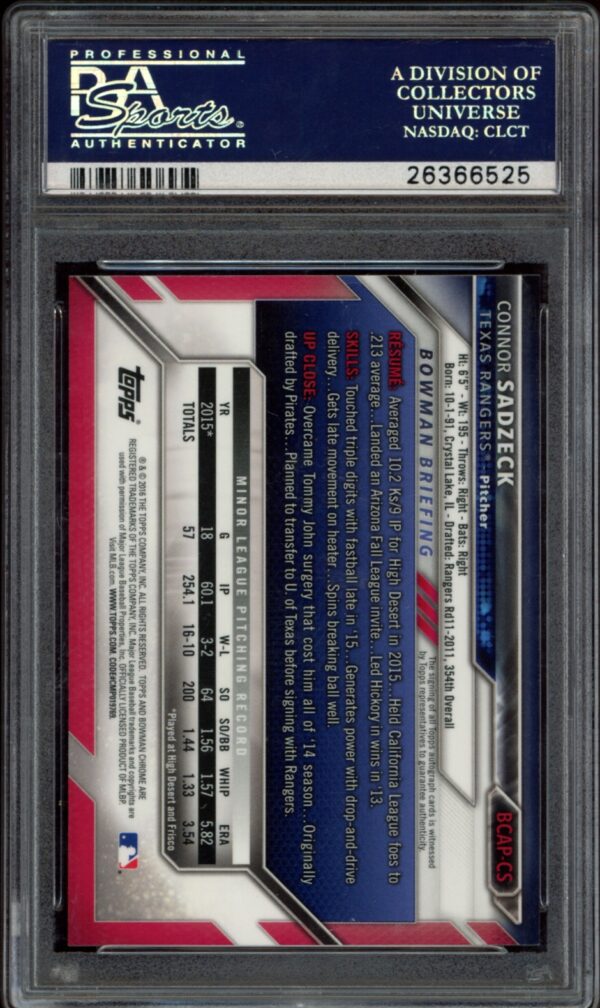 Back view of 2016 Bowman Chrome Connor Sadzeck autographed baseball card, rated PSA 10.