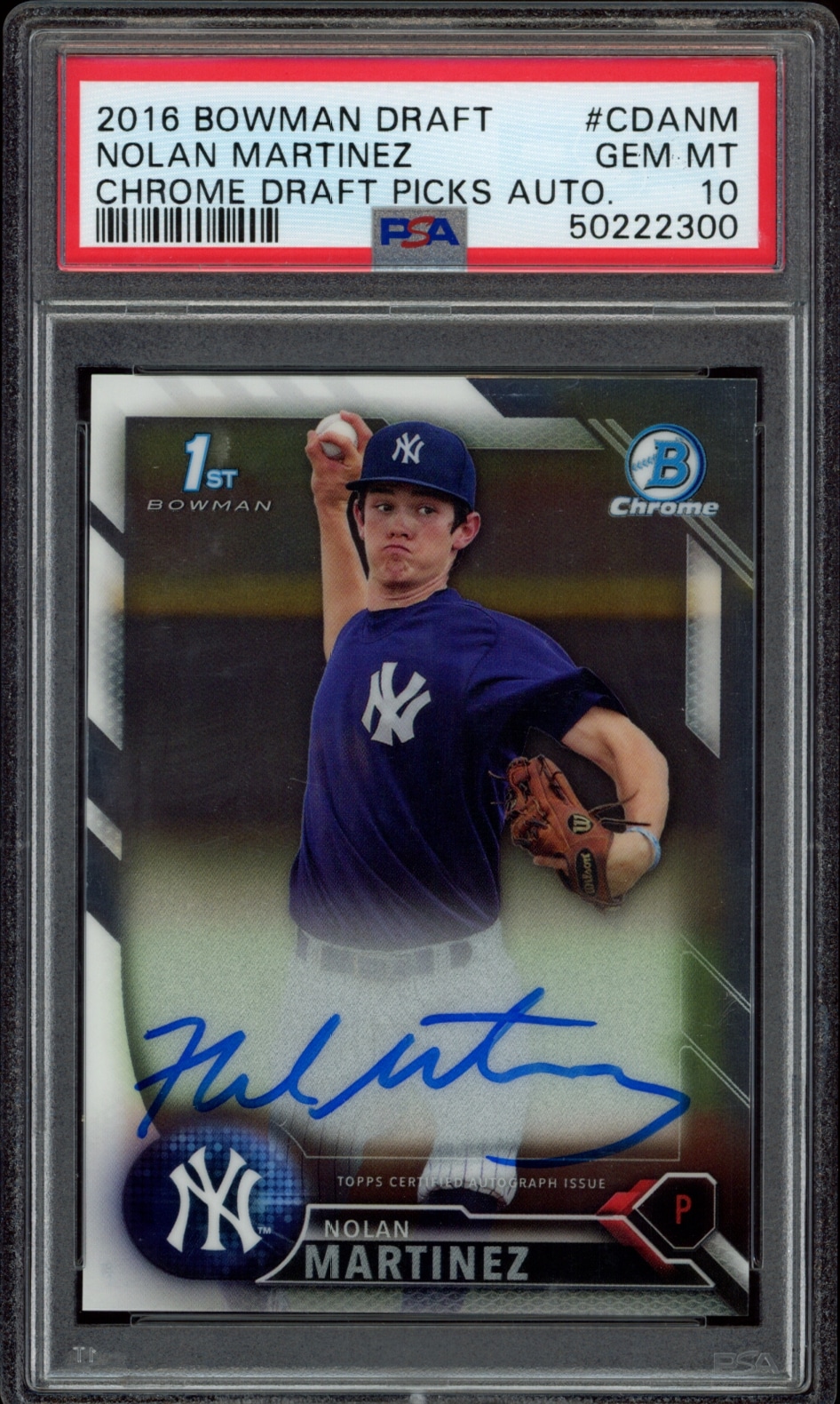2016 Bowman Draft Nolan Martinez autographed card, NY Yankees, with PSA 10 rating.