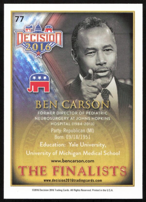 2016 Leaf Decision Ben Carson The Finalists #77 (Back)