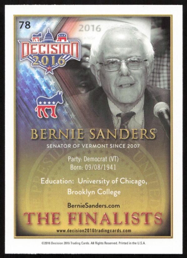 2016 Leaf Decision Bernie Sanders The Finalists #78 (Back)