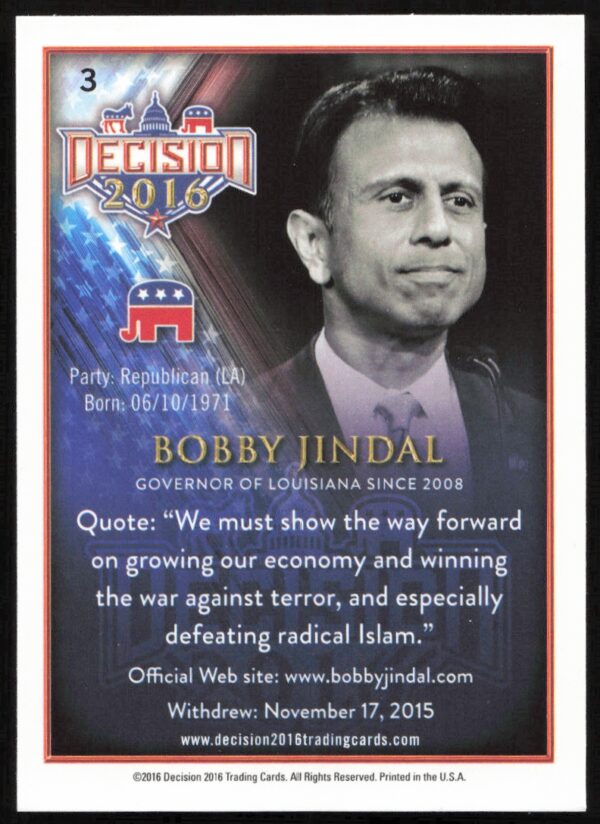 2016 Leaf Decision Bobby Jindal #3 (Back)