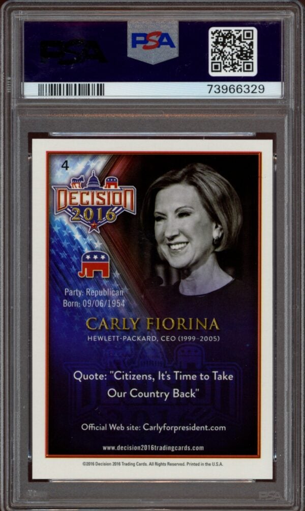 PSA-graded 2016 Leaf Decision card featuring Carly Fiorina.