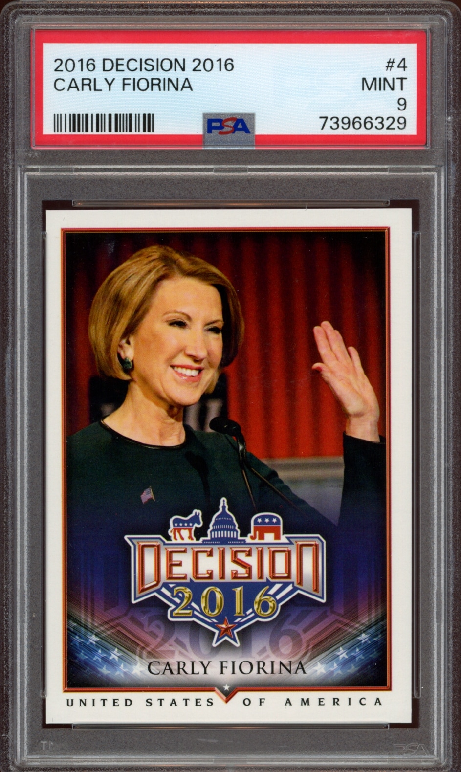 PSA-graded Mint 9 Carly Fiorina 2016 Decision trading card with patriotic design.