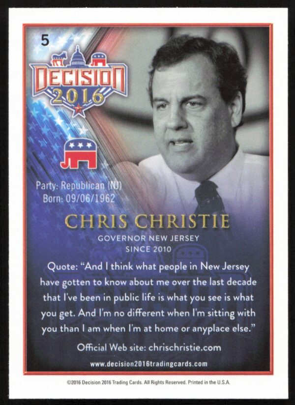 2016 Leaf Decision Chris Christie #5 (Back)