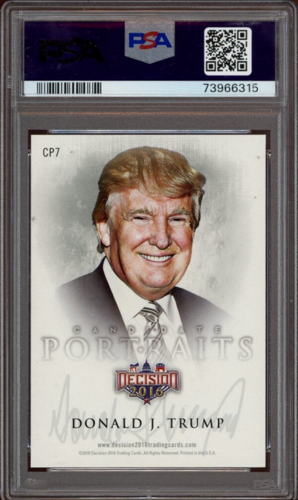 PSA-graded 2016 Donald Trump Leaf Decision collectible card with signature.