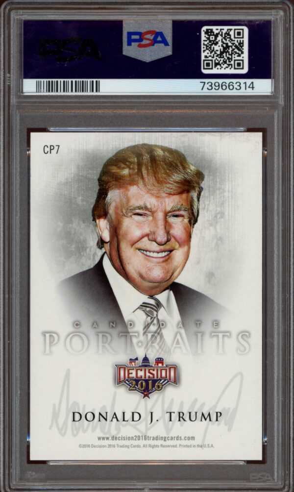 PSA-graded Donald Trump collectible card from 2016 Leaf Decision series with autograph.